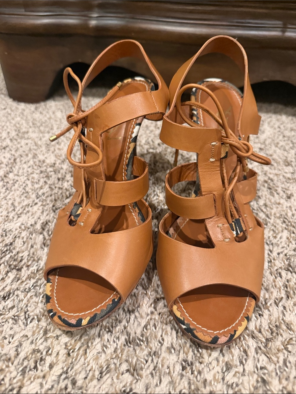 Yves Saint Laurent Cognac Leather Lace-Up Strappy Heels